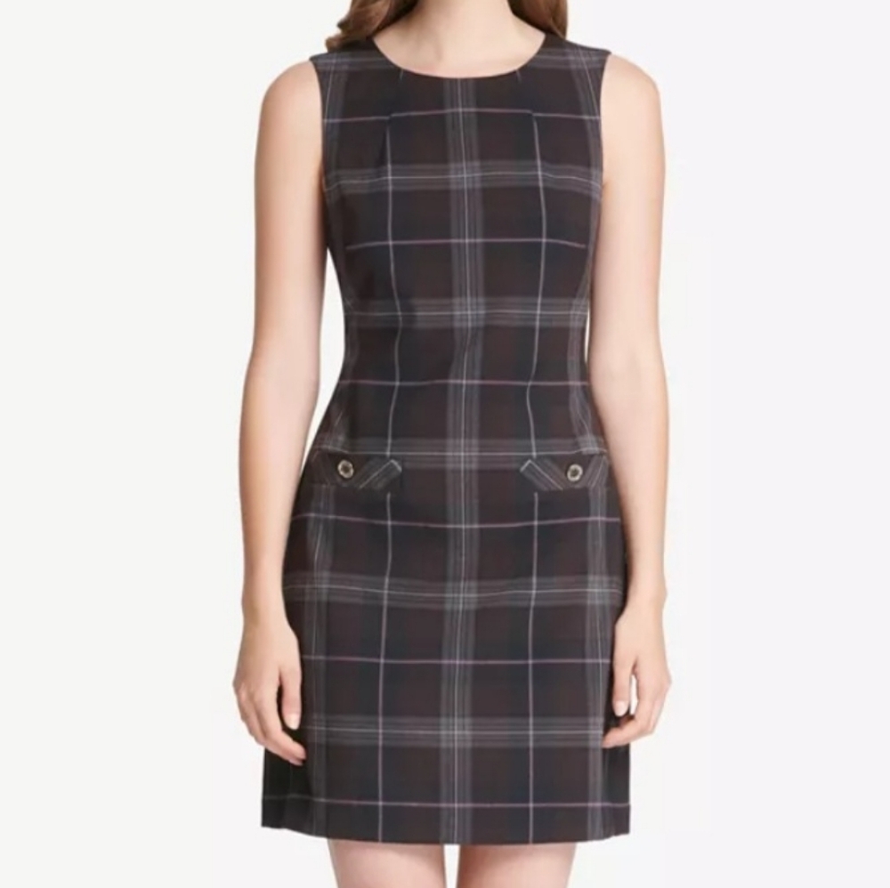 Tommy Hilfiger Plum and Gray Plaid Sleeveless A-Line Mini Dress